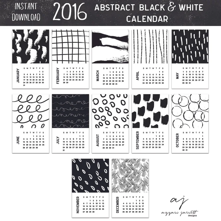 2016 Abstract Black and White Printable Calendar