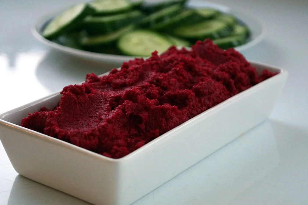 Roasted Beet and Cauliflower Hummus with Cucumber Slices (p. 117)