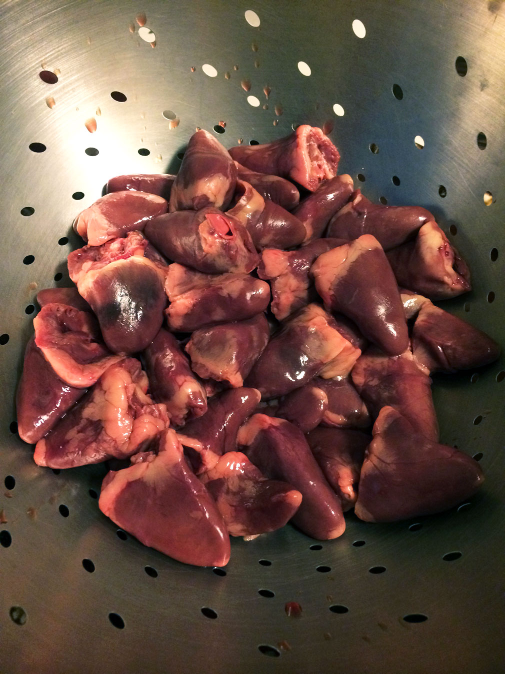 Chicken hearts. I cut them each into 4-6 pieces for soup. 