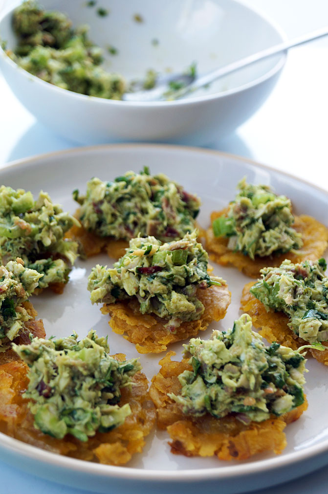 Venezuelan reina pepiada (avocado chicken salad) with tostones ::: TheCuriousCoconut.com