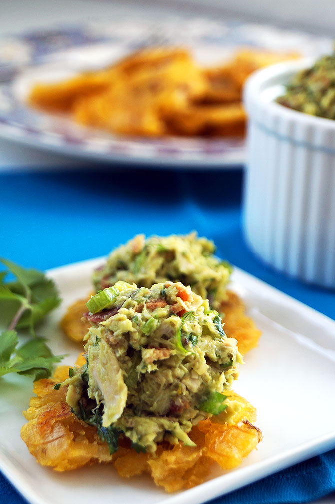 Venezuelan reina pepiada (avocado chicken salad) with tostones ::: TheCuriousCoconut.com