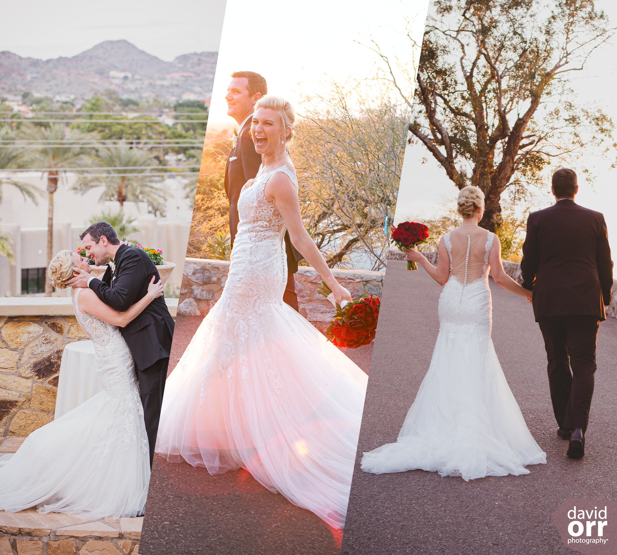 Bride and groom kiss with Camelback Mountain views