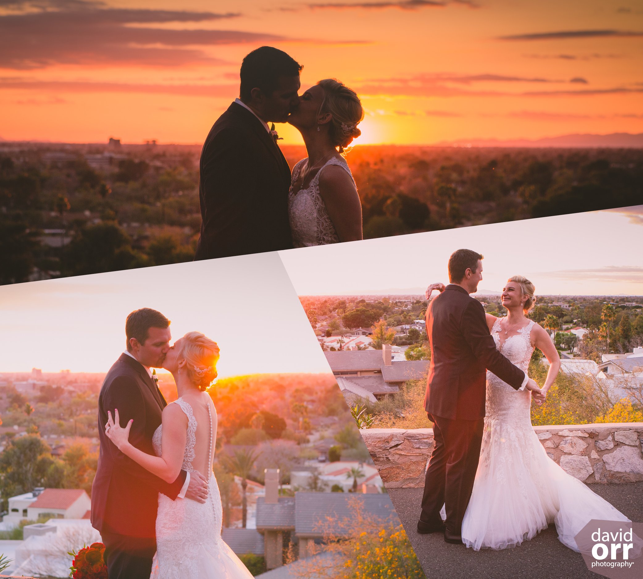 Sunset bride and groom kiss with rooftop views of Wrigley Mansion