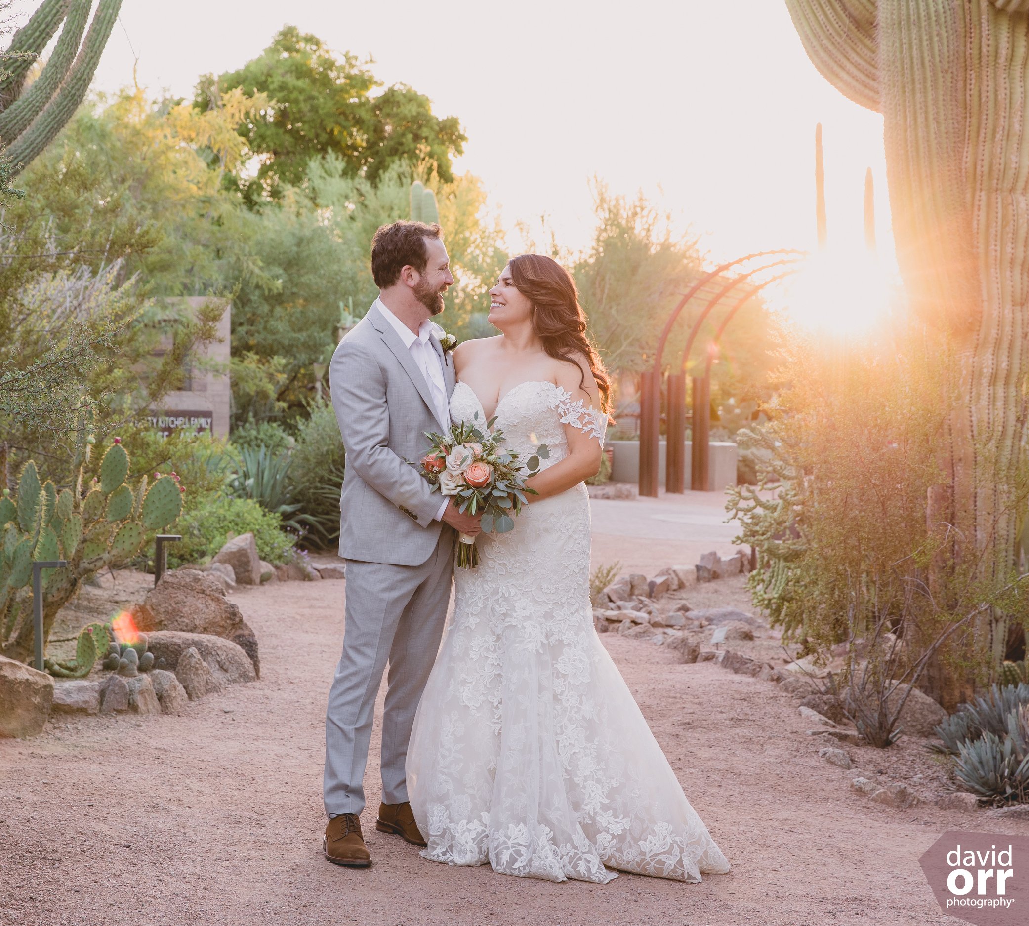 Sunset wedding portraits at Desert Botanical Garden
