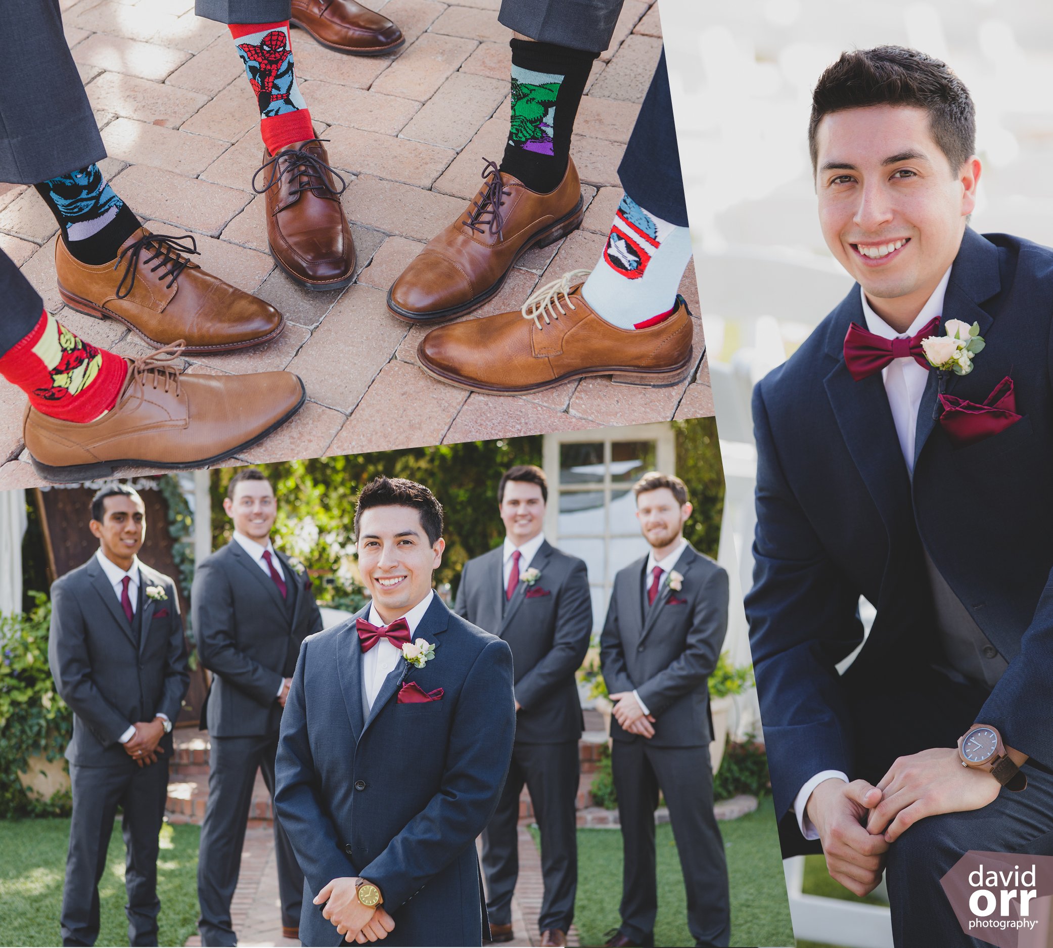 Dapper groom style plus super hero socks