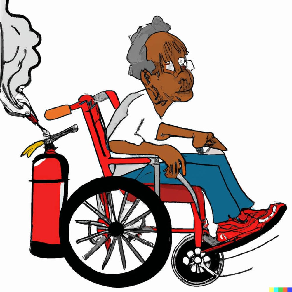 C_DALL·E 2023-03-08 15.18.49 - illustration of an elderly dark-skinned man flying away in a wheelchair with a red fire extinguisher propelling him (1).png