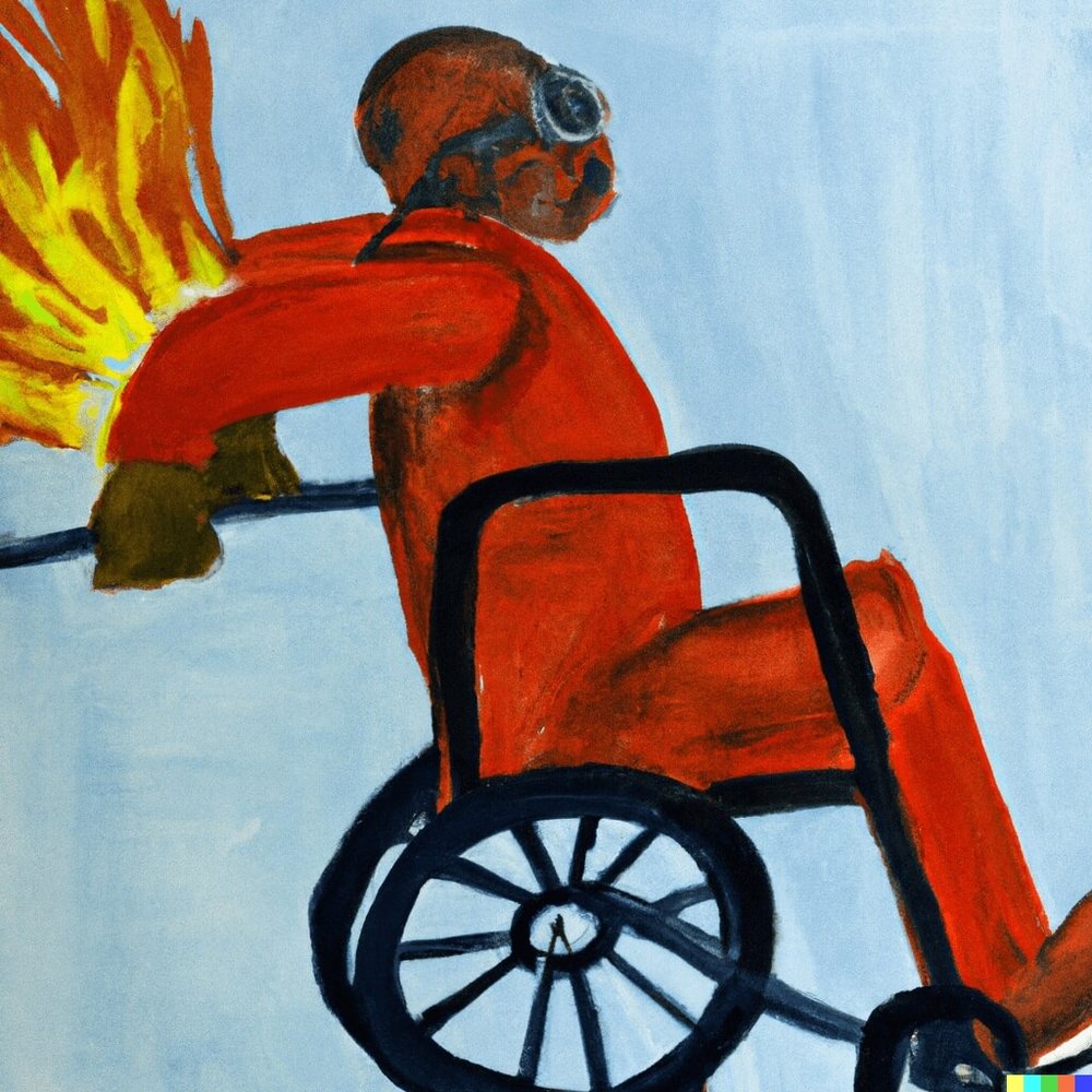 C_DALL·E 2023-03-08 14.00.10 - figurative painting of an elderly dark skinned man flying on a wheelchair with a fire extinguisher attached to the back of it .png