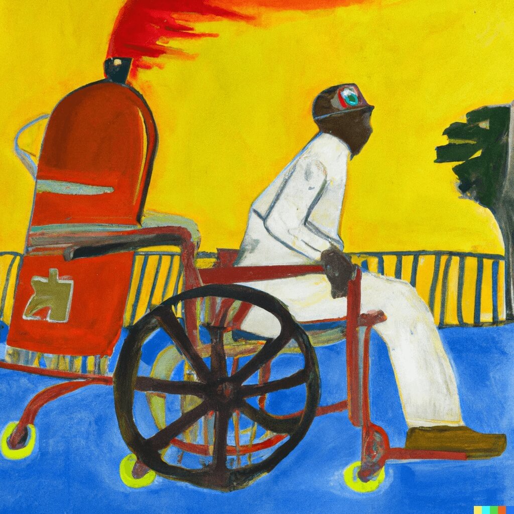 C_DALL·E 2023-03-08 13.00.31 - figurative painting of an elderly dark skinned man escapes a hospital ward on a fire extinguisher attached to a wheelchair that looks like a rocket.png