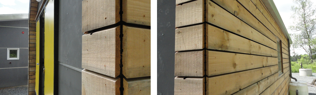 The siding is an open joint torrefied wood and cement panel