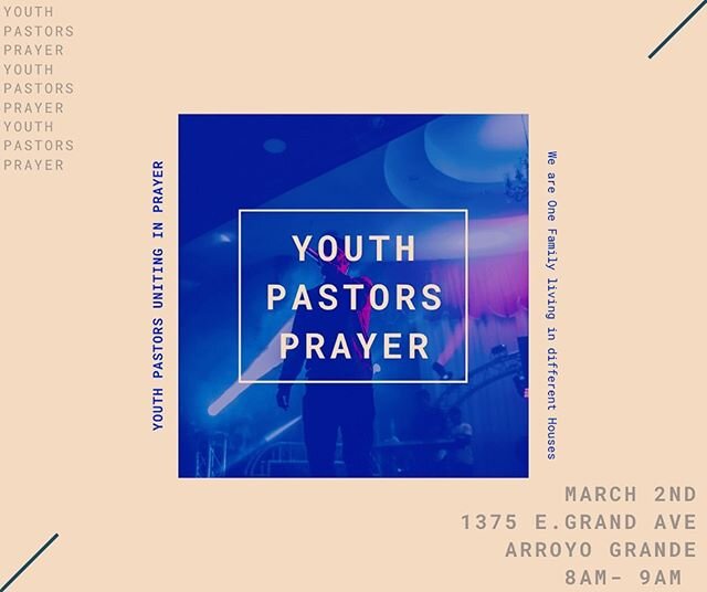 Calling all Youth Pastors/Leaders in the 5 cities area! This Monday!!March 4th we will be gathering together and uniting in prayer. Praying over our youth, calling in all that God has placed on our hearts, sharing vision and proclaiming victory! This