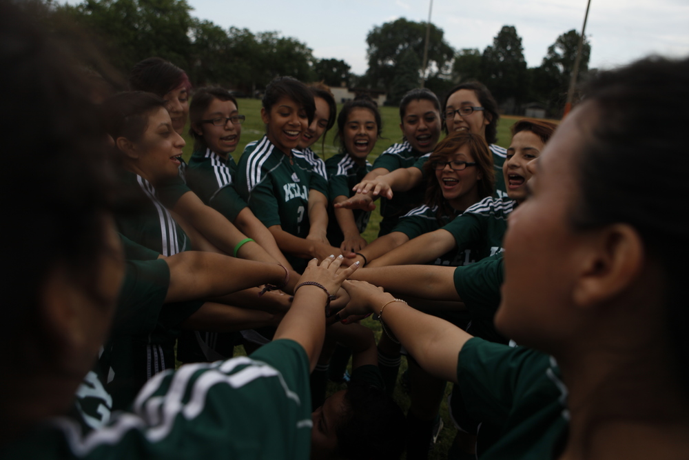  The Kelly High School girls varsity soccer team gathered before practice across from the Chicago school on Tuesday, June 11, 2013.&nbsp; 