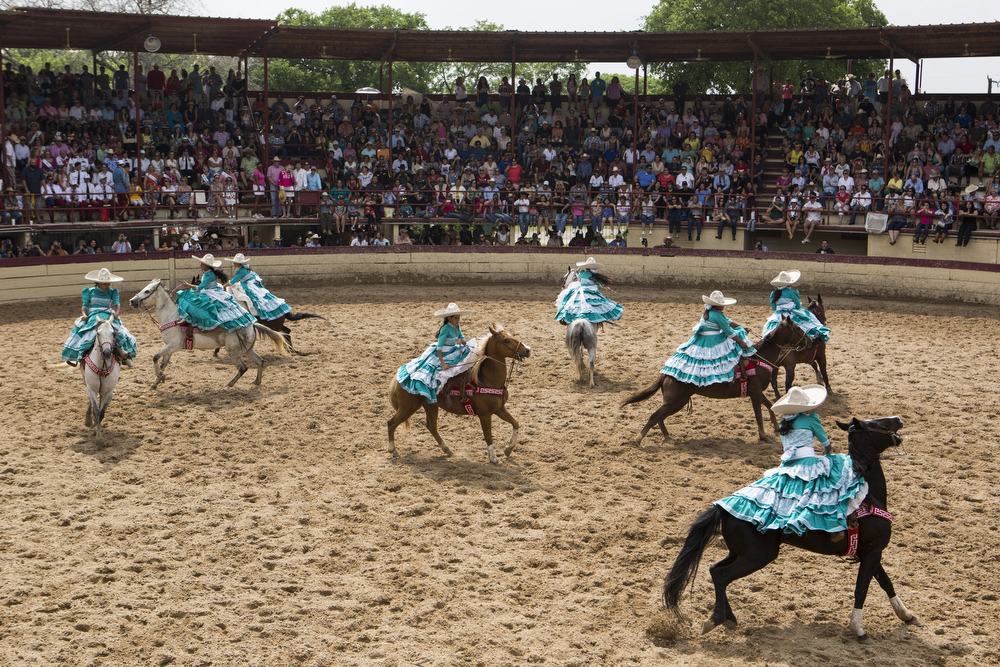Escaramuza Las Potrancas does a "giro", or a 360 degree spin, during their performance in the "A Day in Old Mexico" Charreada at the San Antonio Charros Association in San Antonio, Texas on April 26, 2015. 