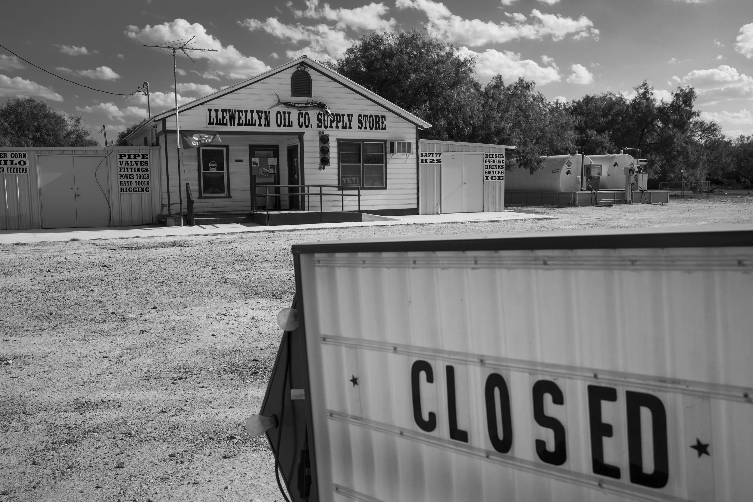  Llewellyn Oil Company Supply Store stands permanently closed down in Fowlerton, Texas on August 5, 2015. 