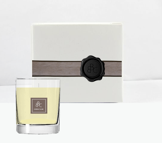 Interim packaging — clean white high wall boxes, coordinating ribbon by scent label and wax seal.