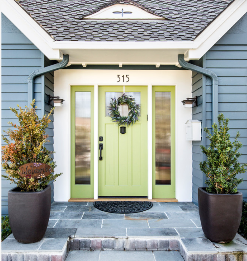 This is a color that is great with the slate blue and grey tiles as well as house paint. Not for the faint of heart, but what a cool statement. Try CHIC LIME by Benjamin Moore if you want to find a zesty color like this.