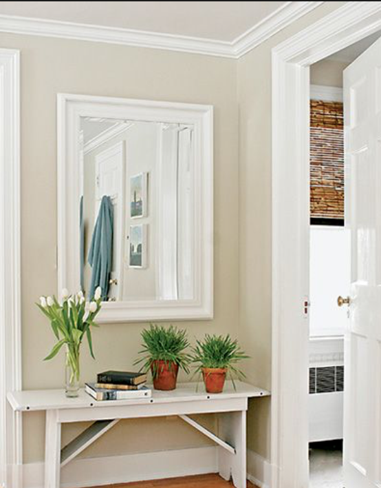 This color is so calming, yet has good contrast with the white trim shown here. I like the balance between brown, cream and yellow that this color has. JUTE by Benjamin Moore