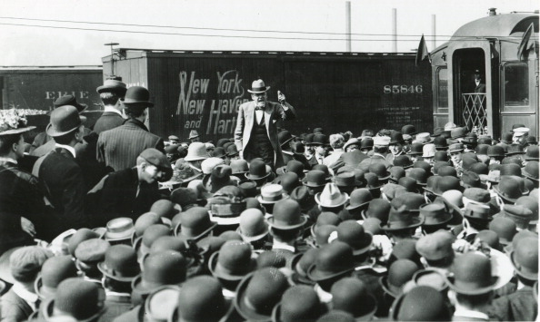 Eugene Debs speaks to a crowd of workers on the Presidential campaign trail in 1908