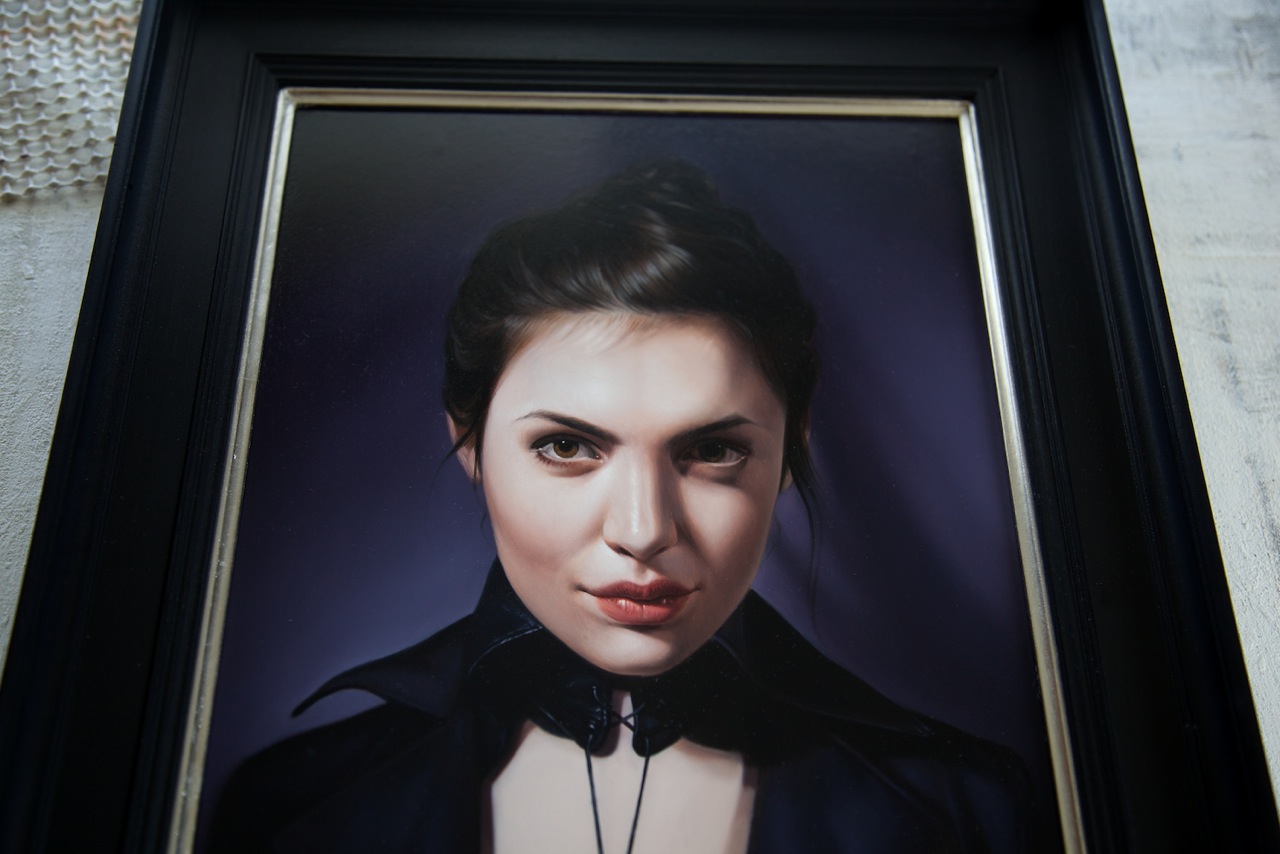 Turning down the Lights - 14 x 10.2 inches. Oil on Wooden Panel. Framed, with hand gilded platinum slip. 