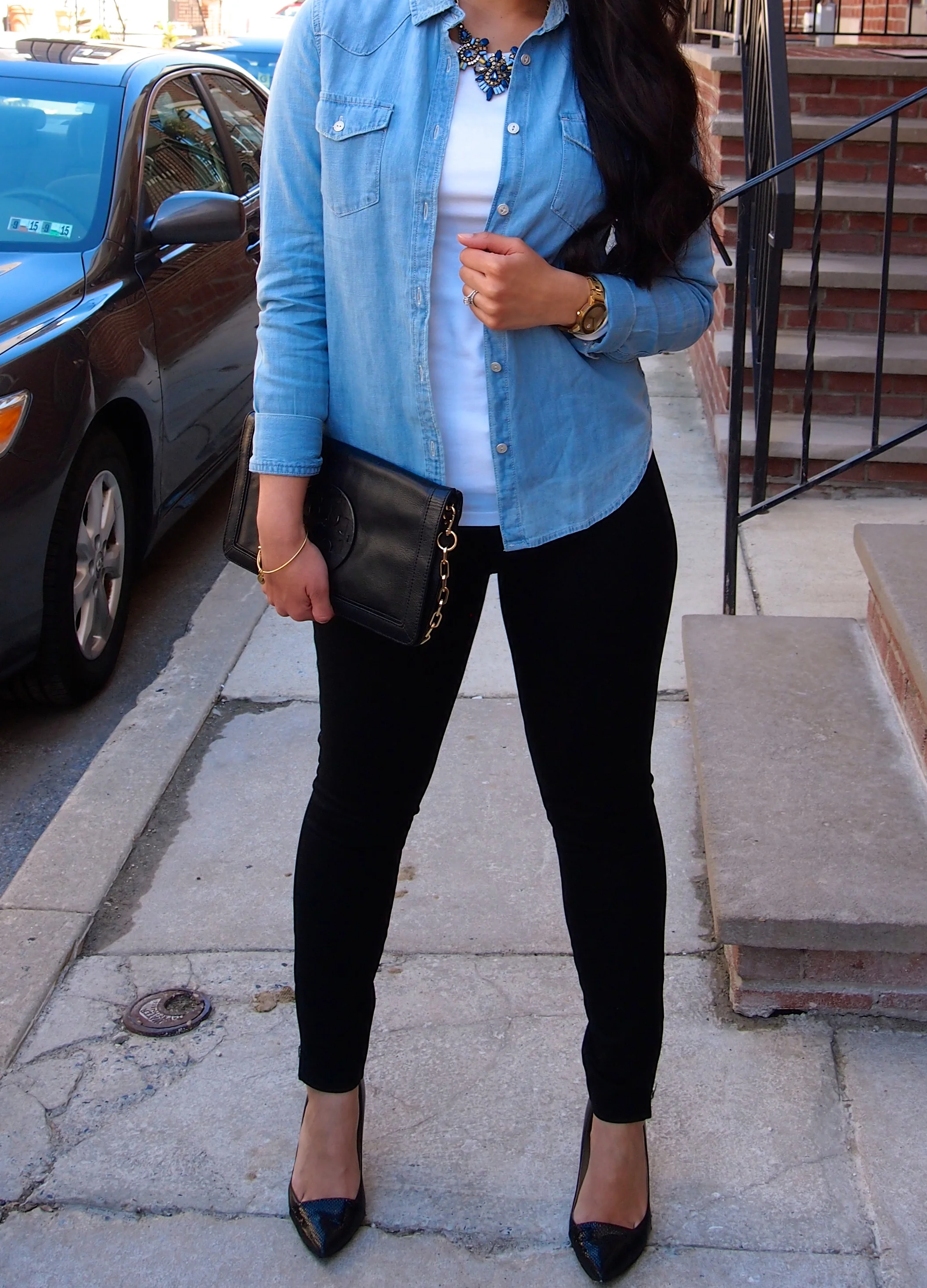 chambray shirt black pants