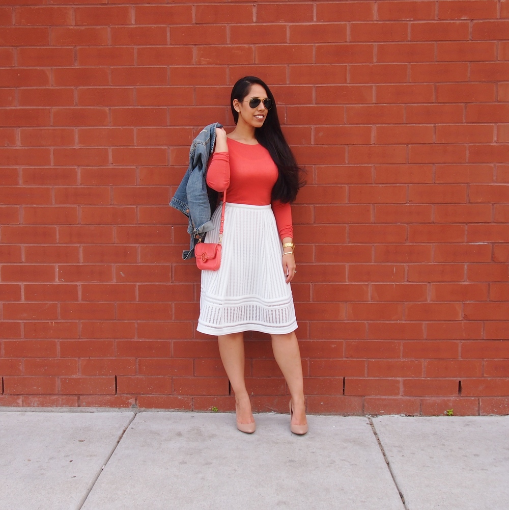 Pop of Coral and a White Midi Skirt — My Golden Beauty