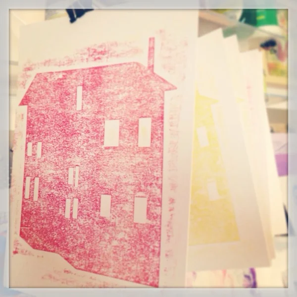 Six prints drying in my art studio.