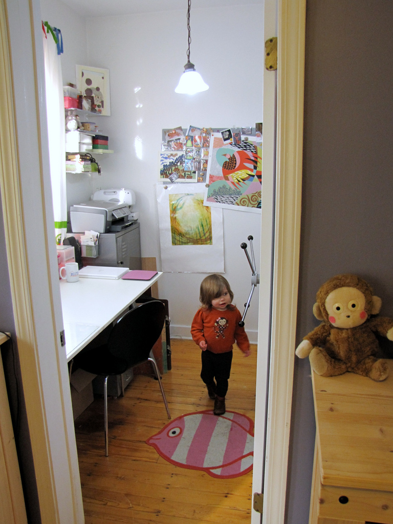 My current studio when I first moved it and gave up the pink room. Such great natural lighting! Toddler blee checking out the space before we removed the door and put a gate up. 