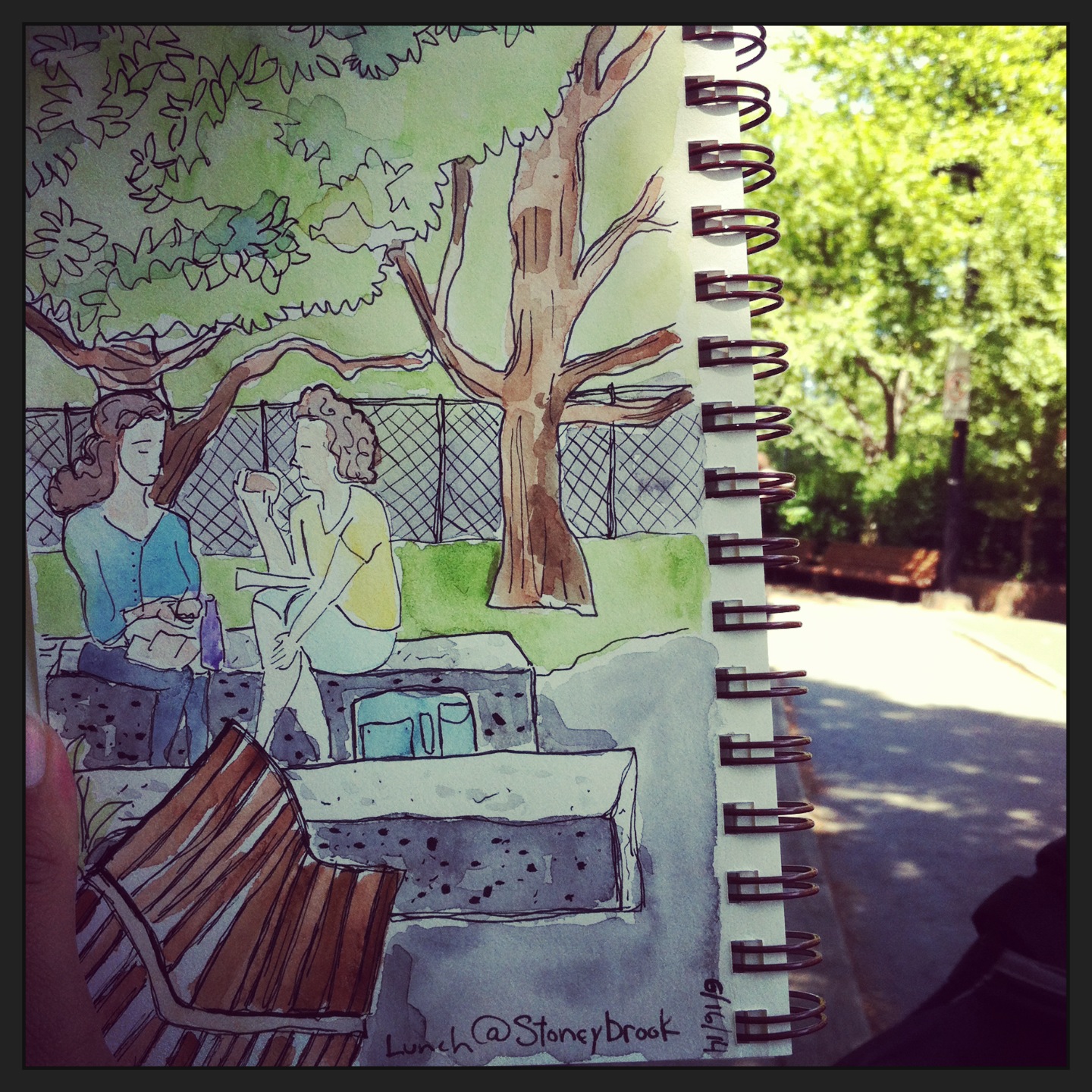 two strangers eating lunch and talking while I sketched them before I picked up my kids from school. 