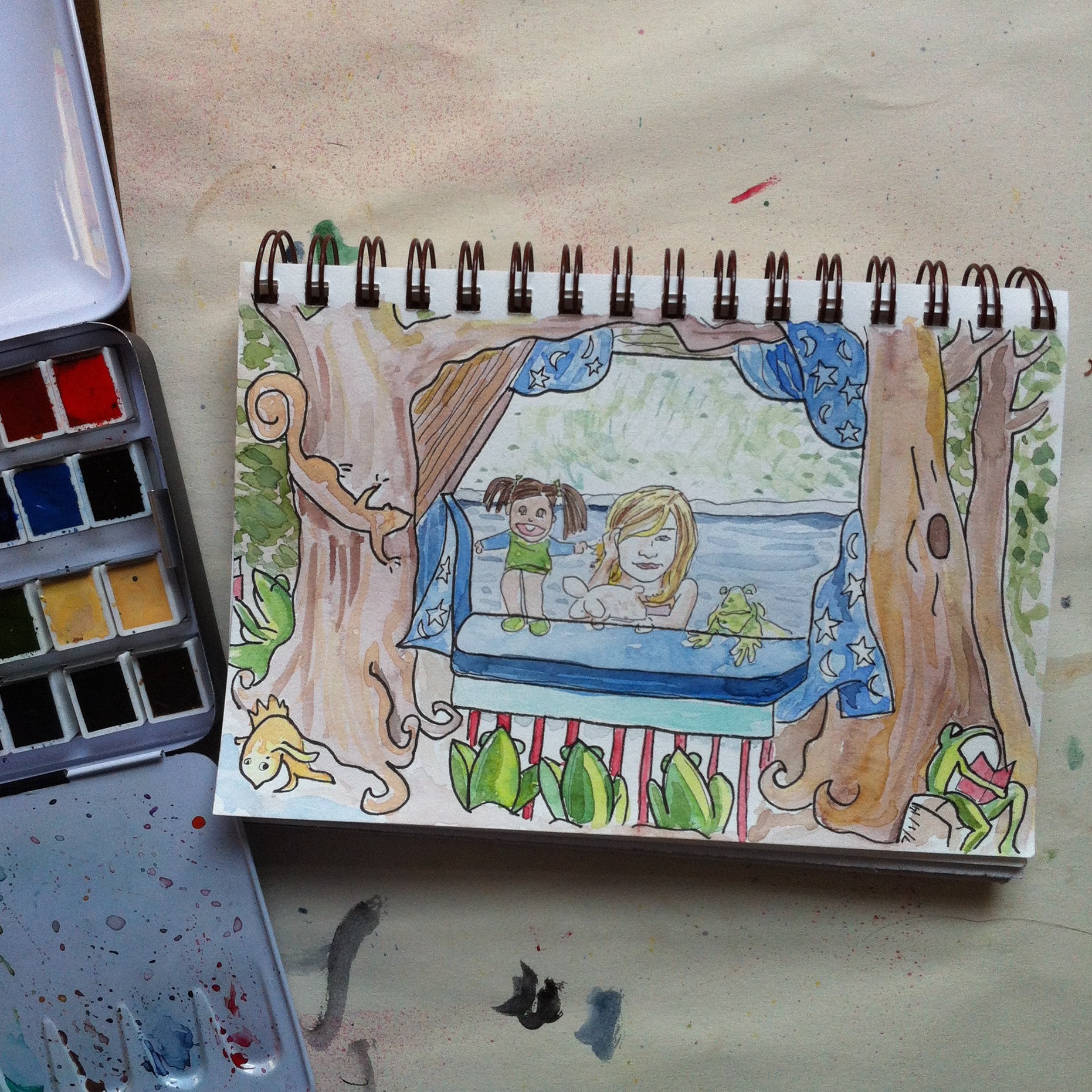 At the Needham Public Library children's section. Drawn on location in pen then we ran out of time and I had to paint it at home from memory. I may add to it on location tomorrow. 
