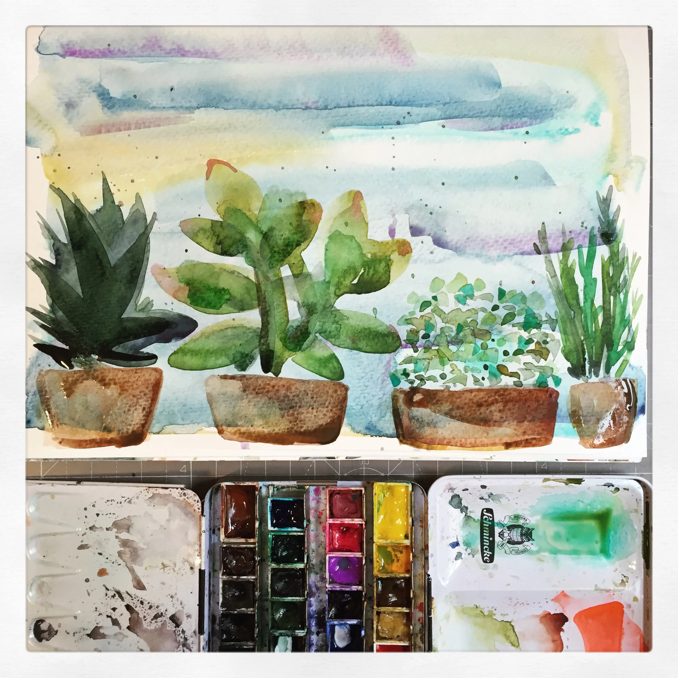 The background I painted in under five minutes before leaving in the morning. Came back with a great surface to work with.
