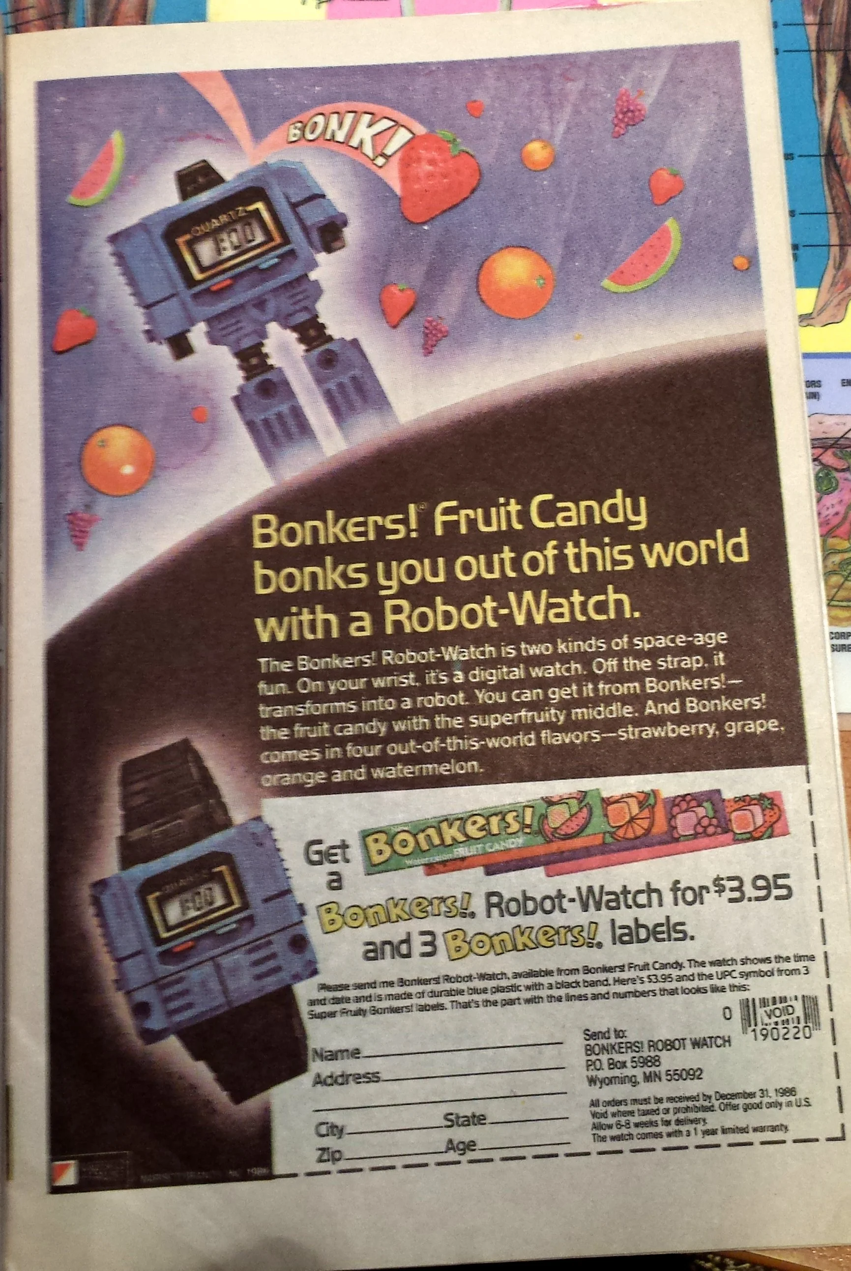 BONK! This fruit candy was all about dropping comically swollen pieces of fruit on your head. And robot watches.