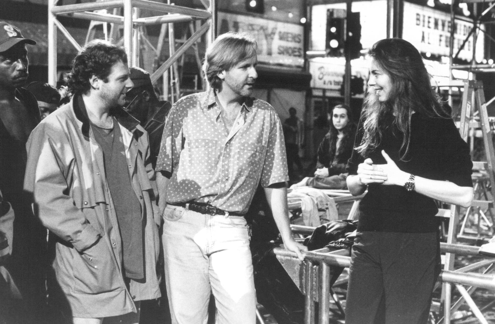  Writer/producer James Cameron confers with director (and ex-spouse) Kathryn Bigelow on the set of 1995's  Strange Days,  an ambitious cyberpunk flop. 