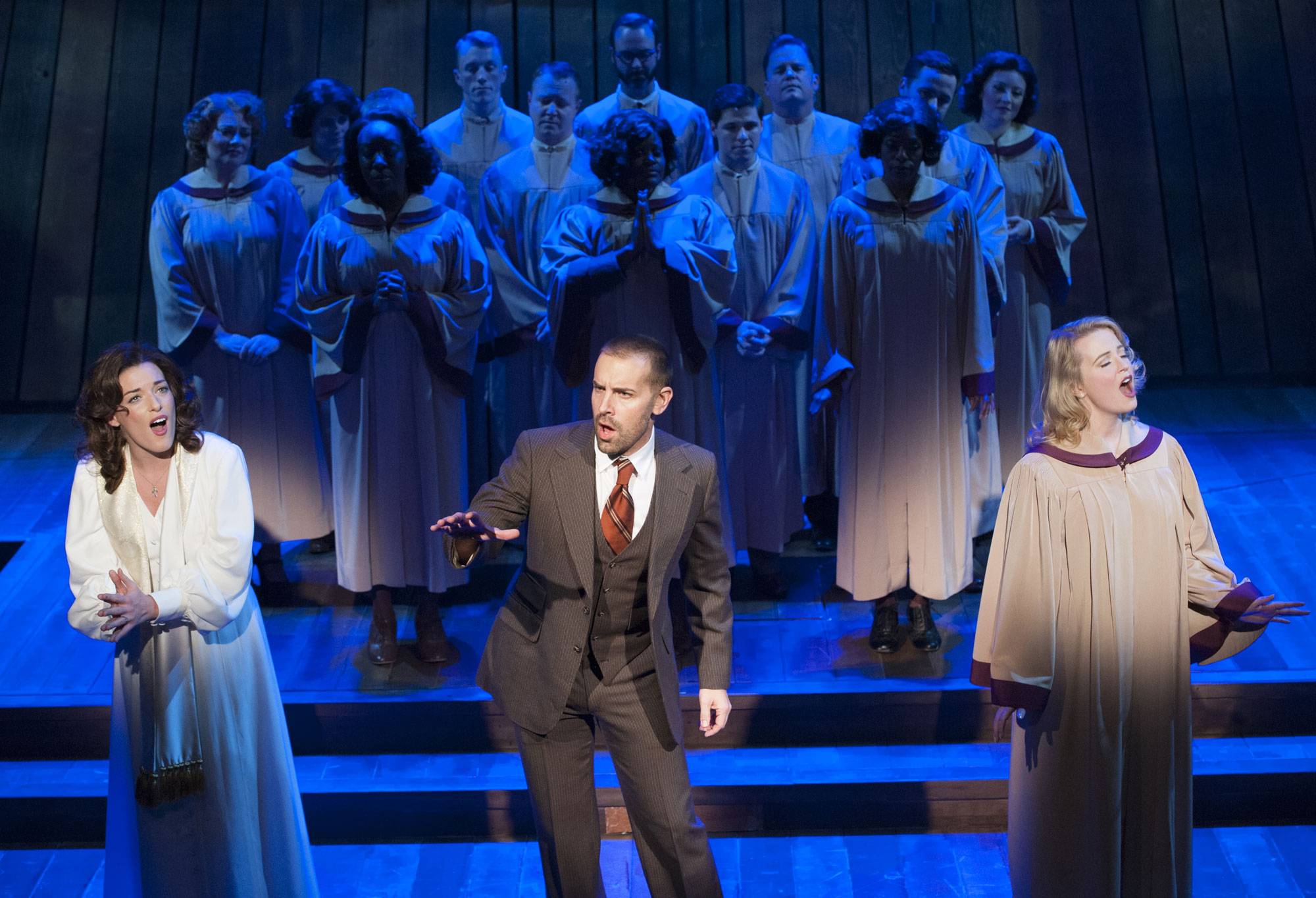  Mary Kate Morrissey, Charlie Pollack, and Jessica-Lauren Ball with the ensemble of  Elmer Gantry.  