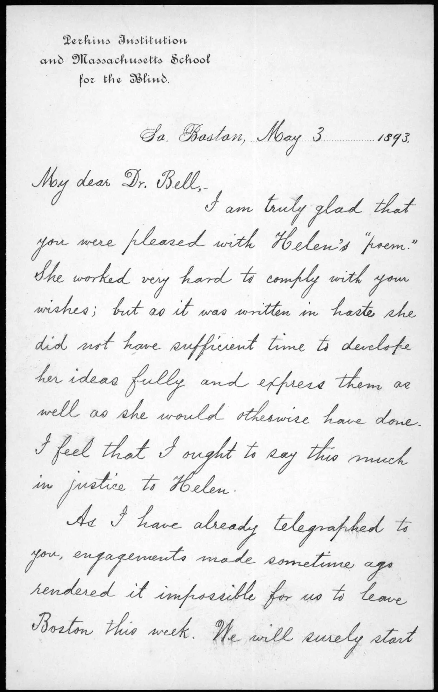 Letter from Anne Sullivan to Alexander Graham Bell, May 3, 1893
