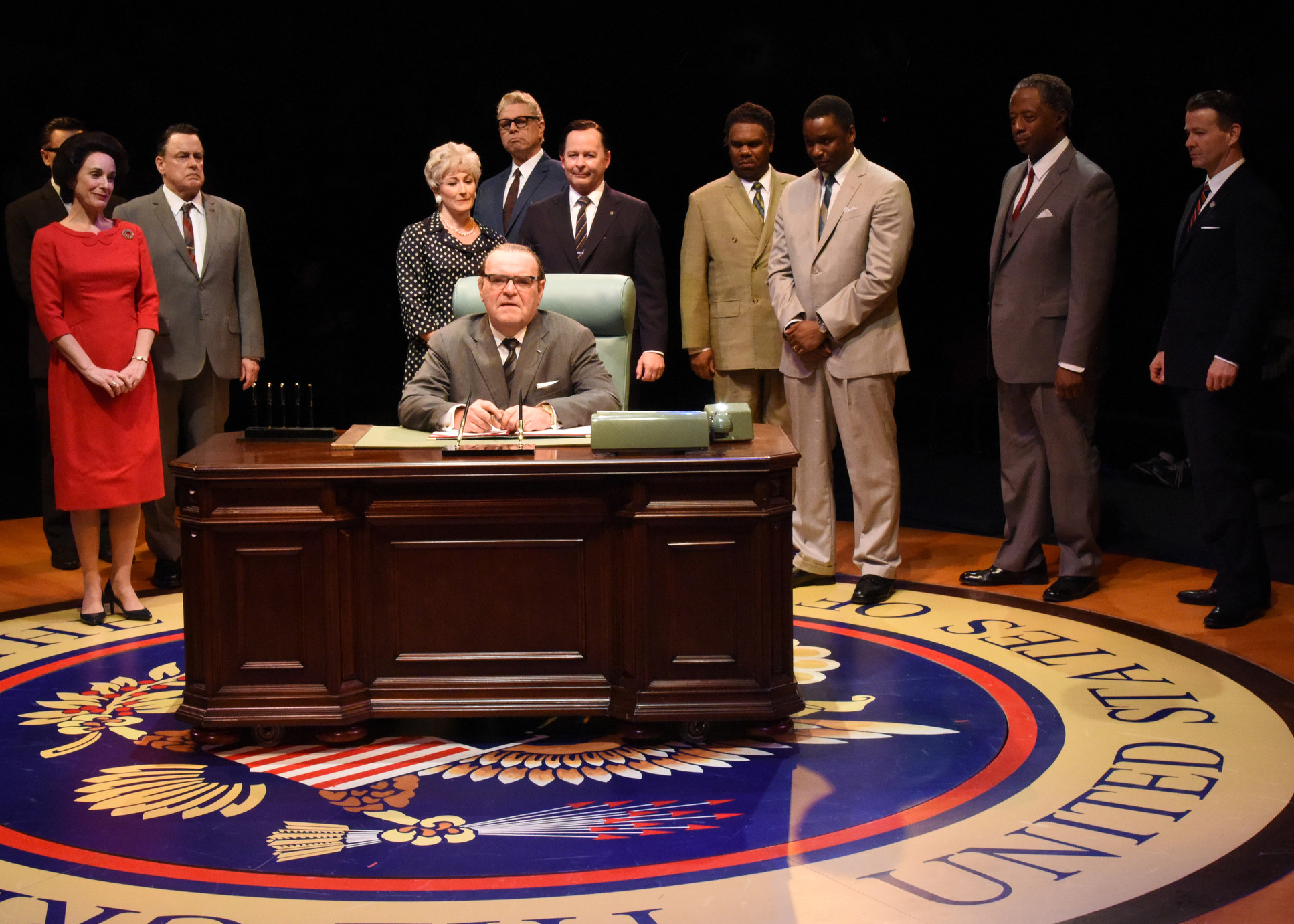 Most of the cast of Arena Stage's All the Way, starring Jack Willis as LBJ. (Stan Barouh)