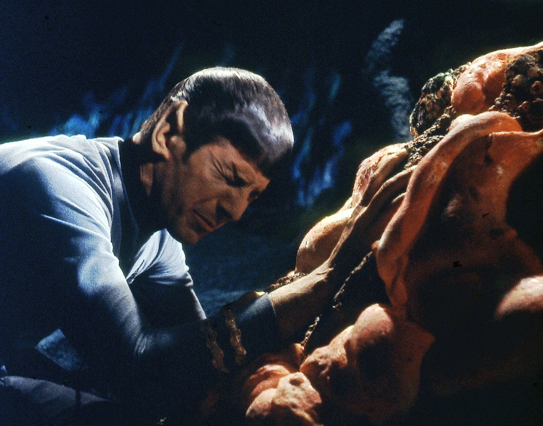 Leonard Nimoy's unflappable Mr. Spock communes with the Horta in "Devil in the Dark," from 1967. (CBS Consumer Products / Star Trek Archive)