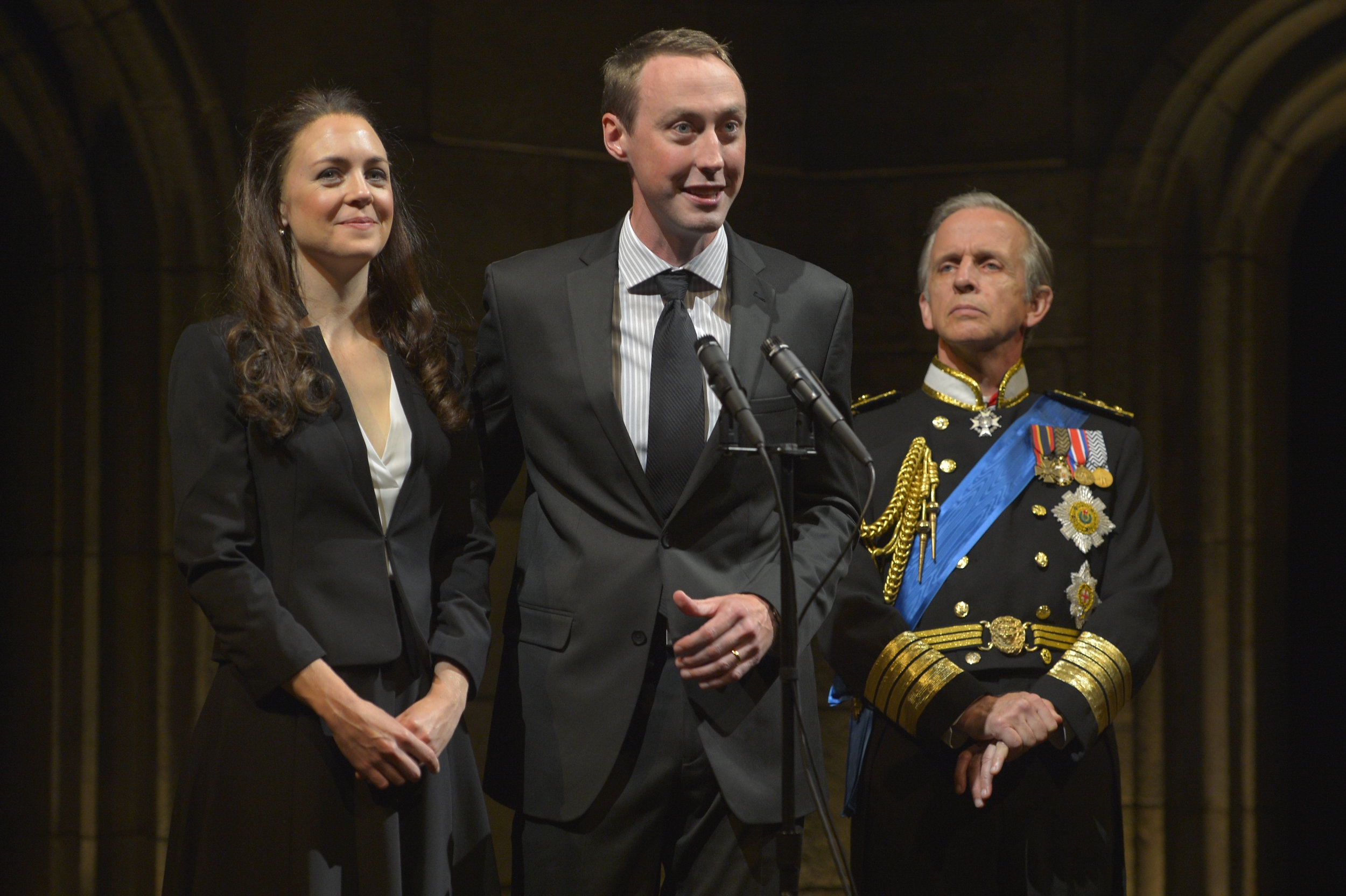 Allison Jean White, Christopher McLinden,&nbsp;and Robert Joy in the American Conservatory Theater production of  King Charles III , directed by David Muse. (Kevin Berne) 
