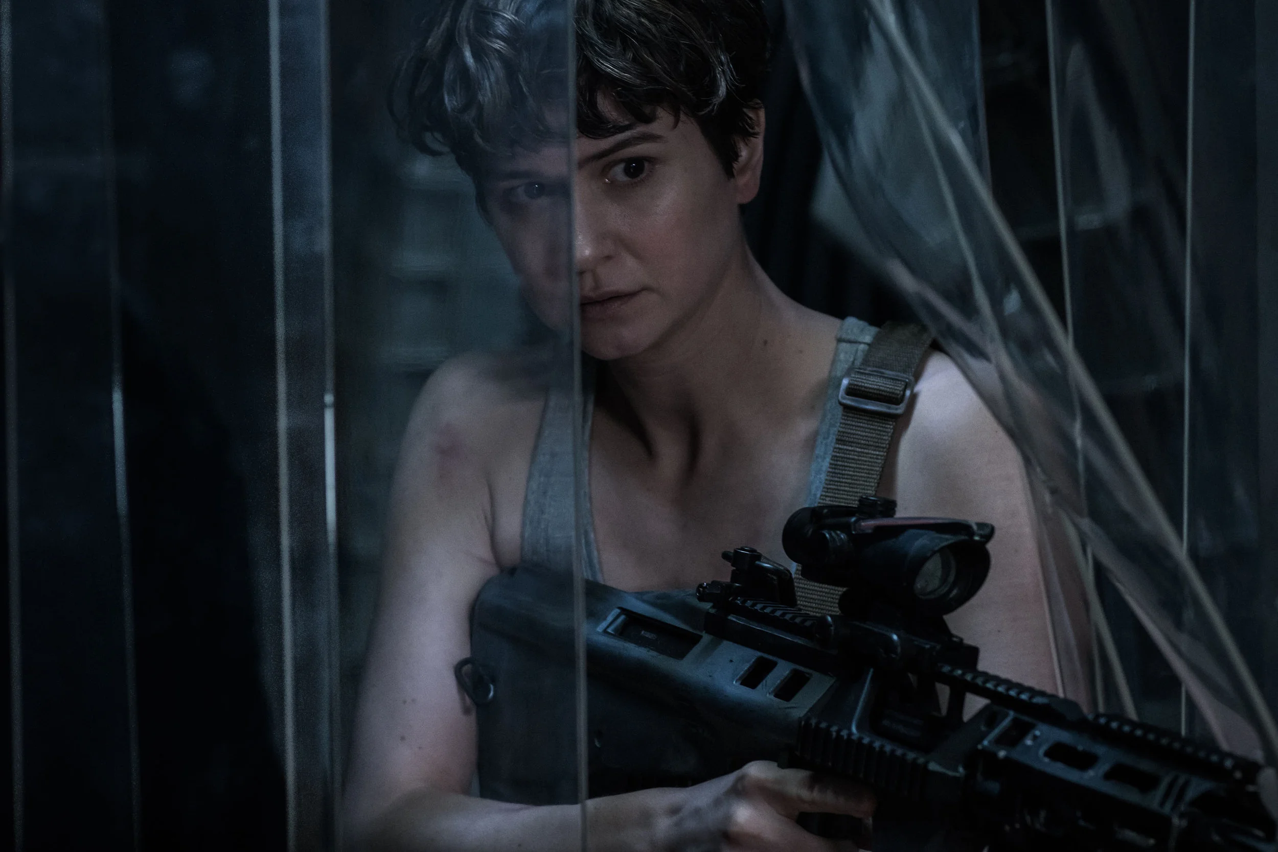 Katherine Waterston is more heavily armed than Sigourney Weaver was in her first xenomorph encounter. (Fox)