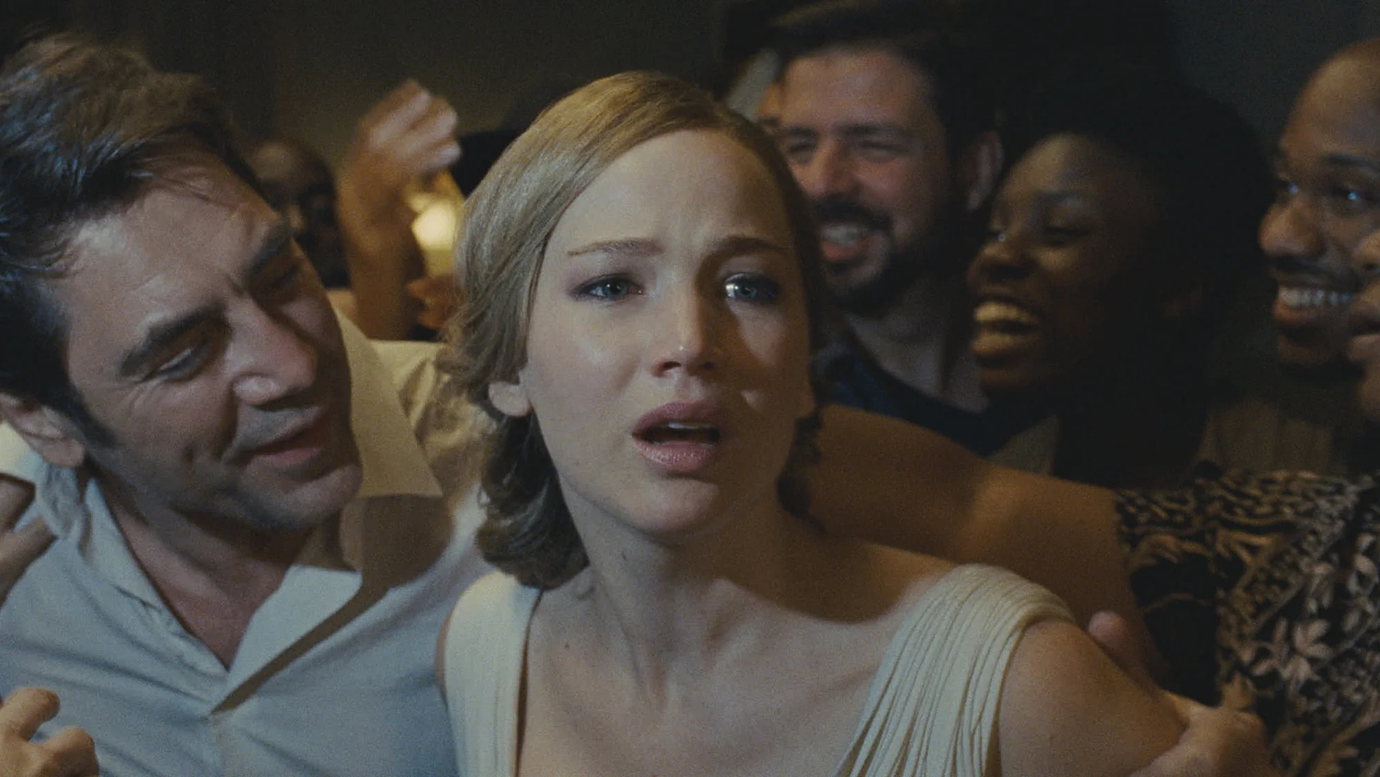 Javier Bardem, Jennifer Lawrence and the chorus. (Paramount)