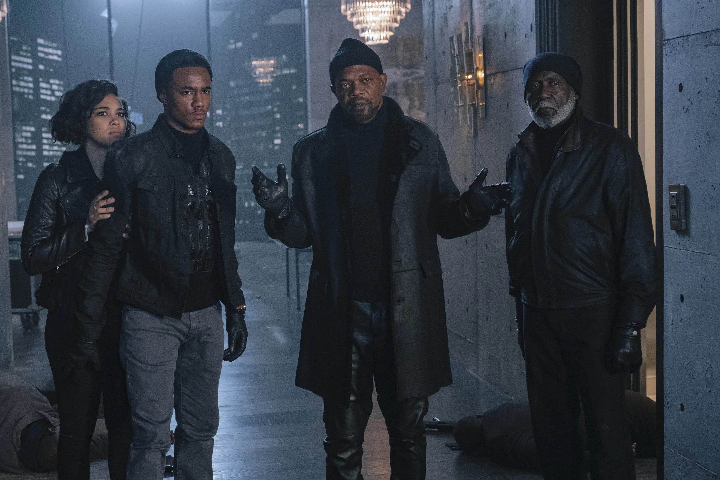 Alexandra Shipp, Jessie T. Usher, Samuel L. Jackson, and Richard Roundtree in the third series entry to be called Shaft . (Kyle Kaplan)