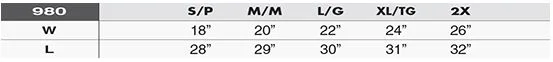 Sizing chart. W = width and measures above the waist , roughly from one seam of the shirt to the other. L = length and measures from the shoulder seam to the bottom of the shirt.