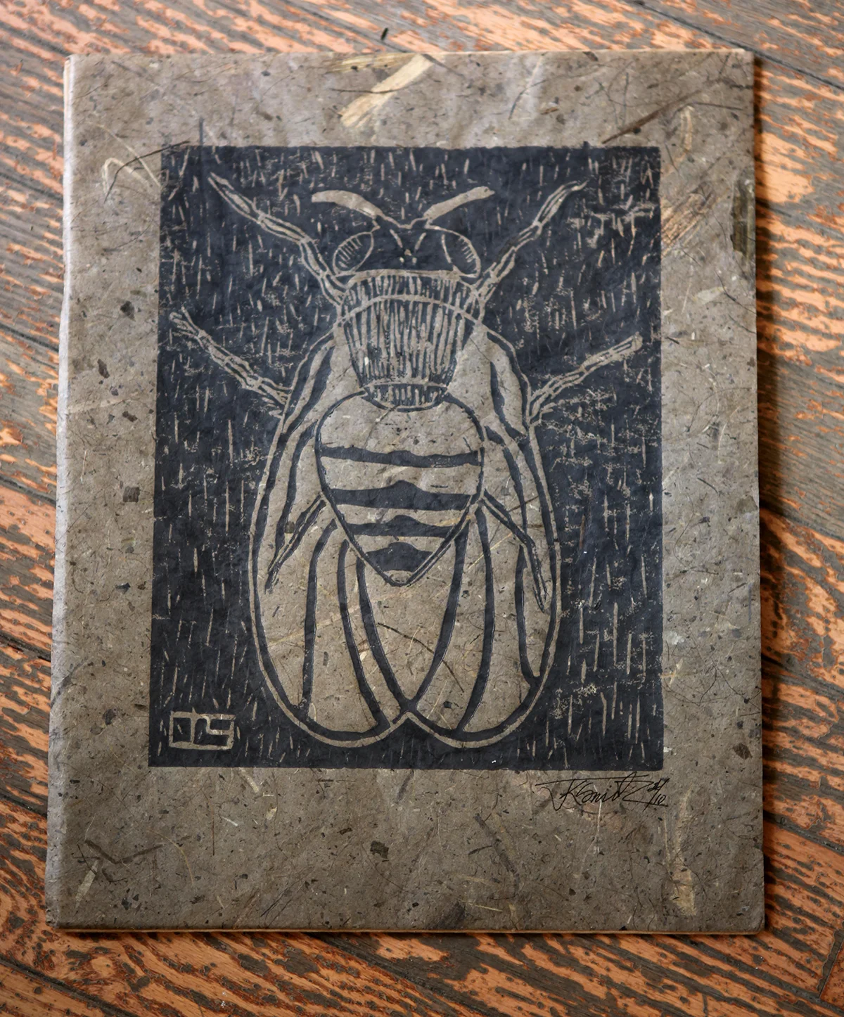 'Fly' Linocut print on banana paper, $25