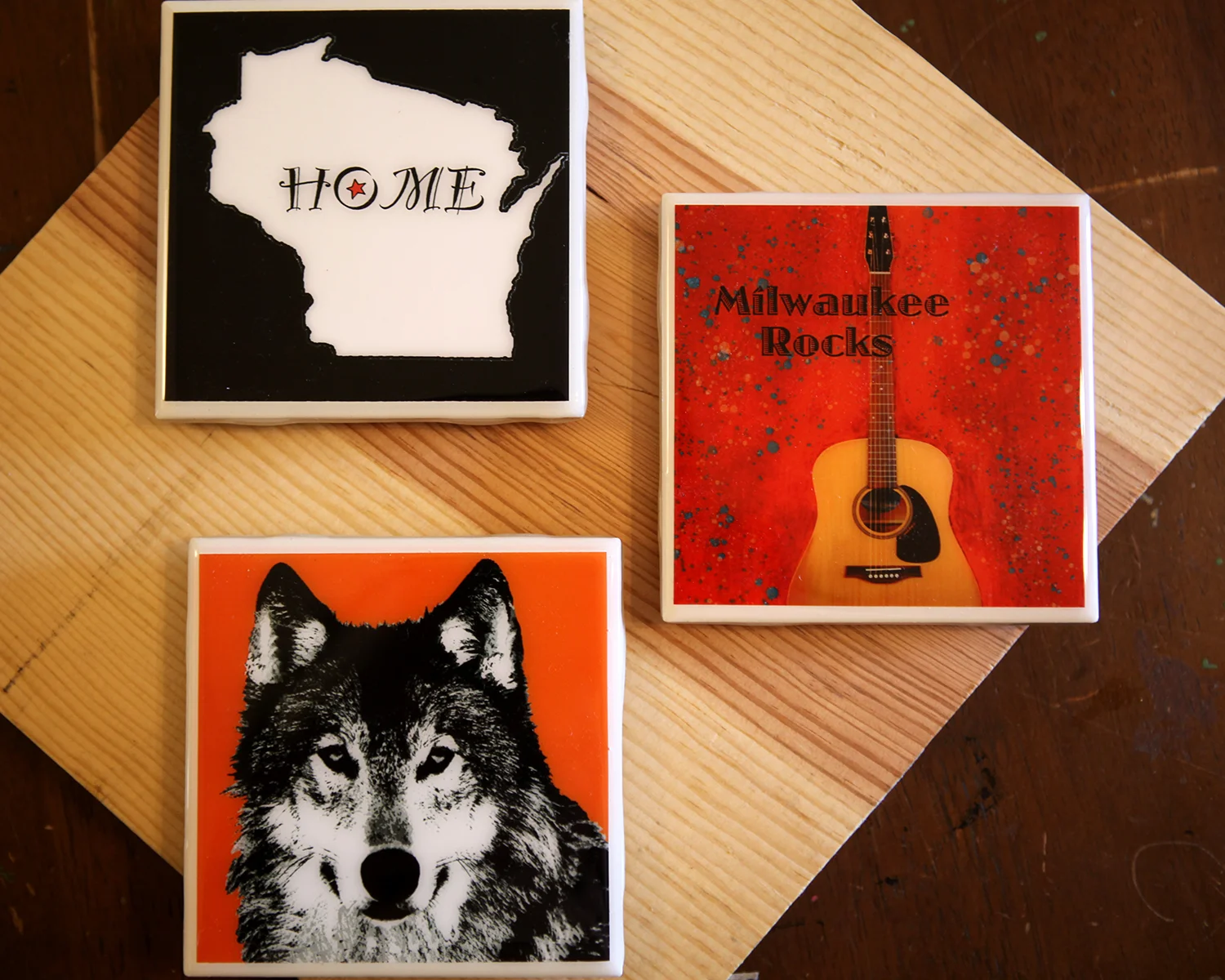 Tile coasters $10, 4 for $35.