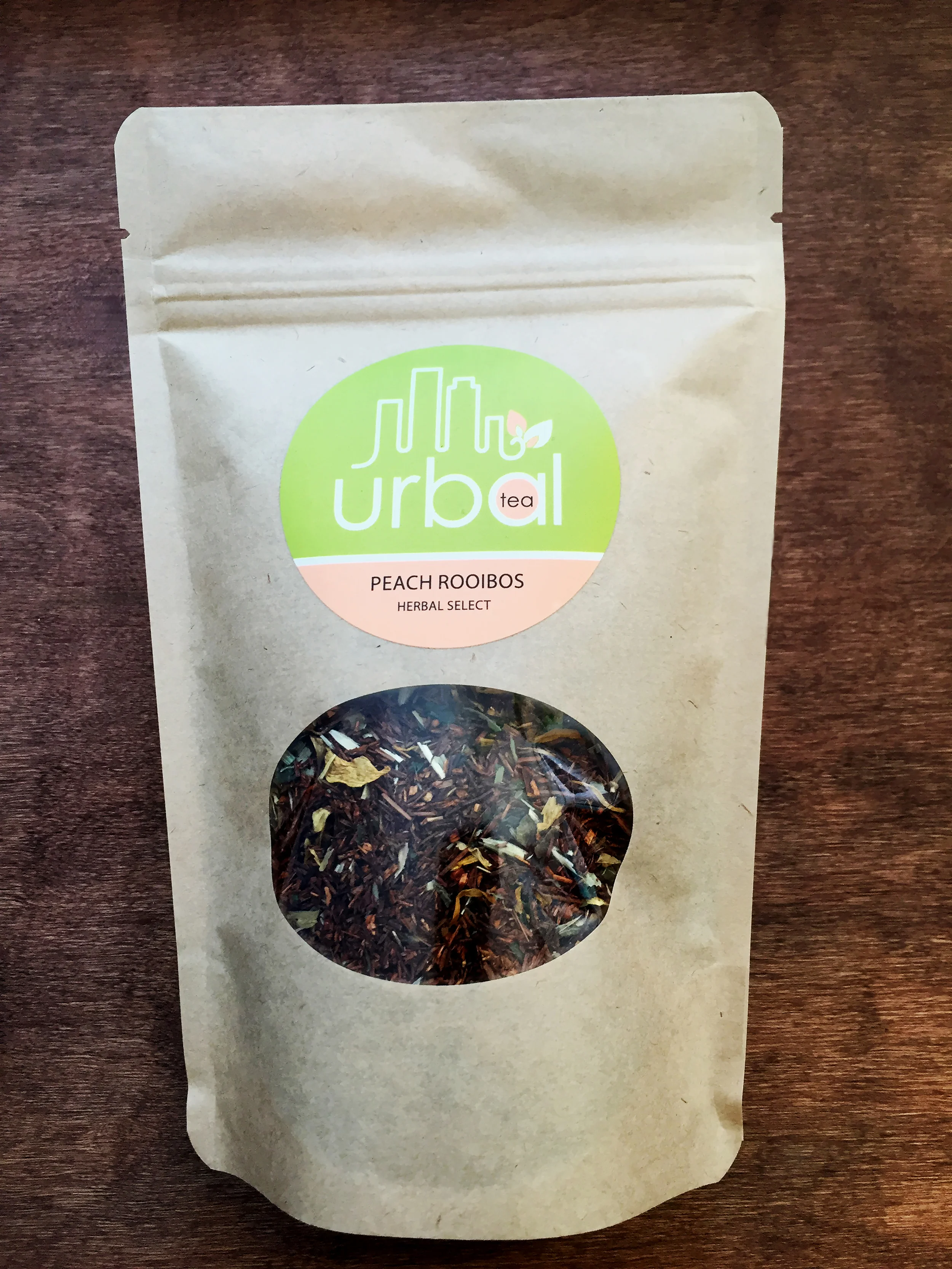 Peach Rooibos, 3oz bag, 20+ servings. $10. It's red in color and heavenly sweet with hints of peach.