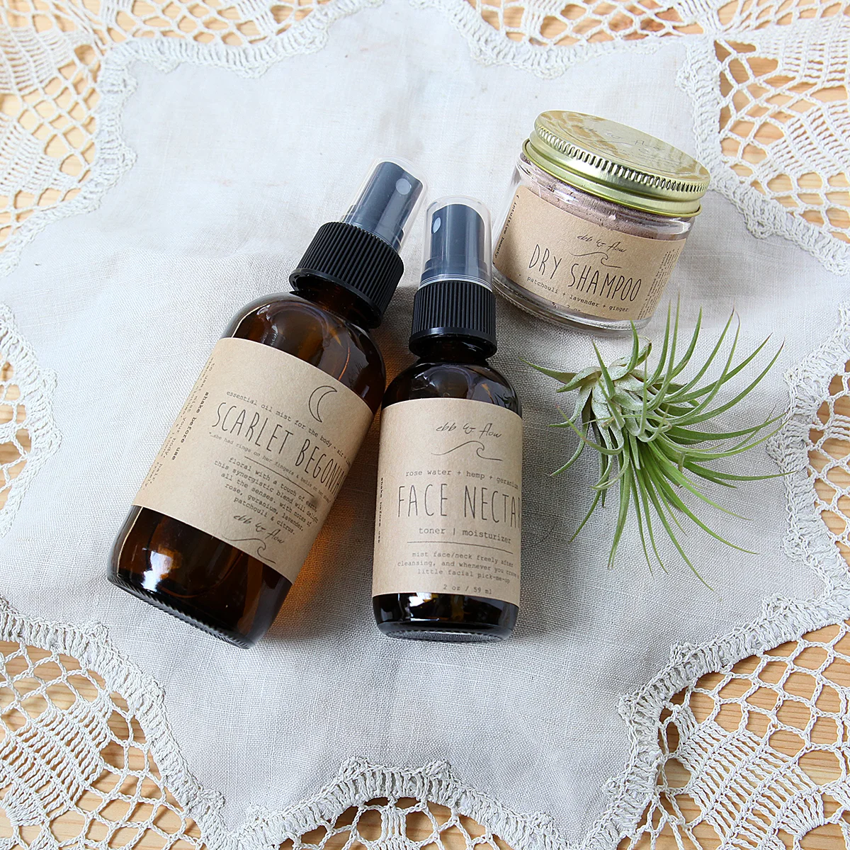 Ebb and Flow collection. Fragrance spray $20, Face nectar $18, Dry shampoo $16.