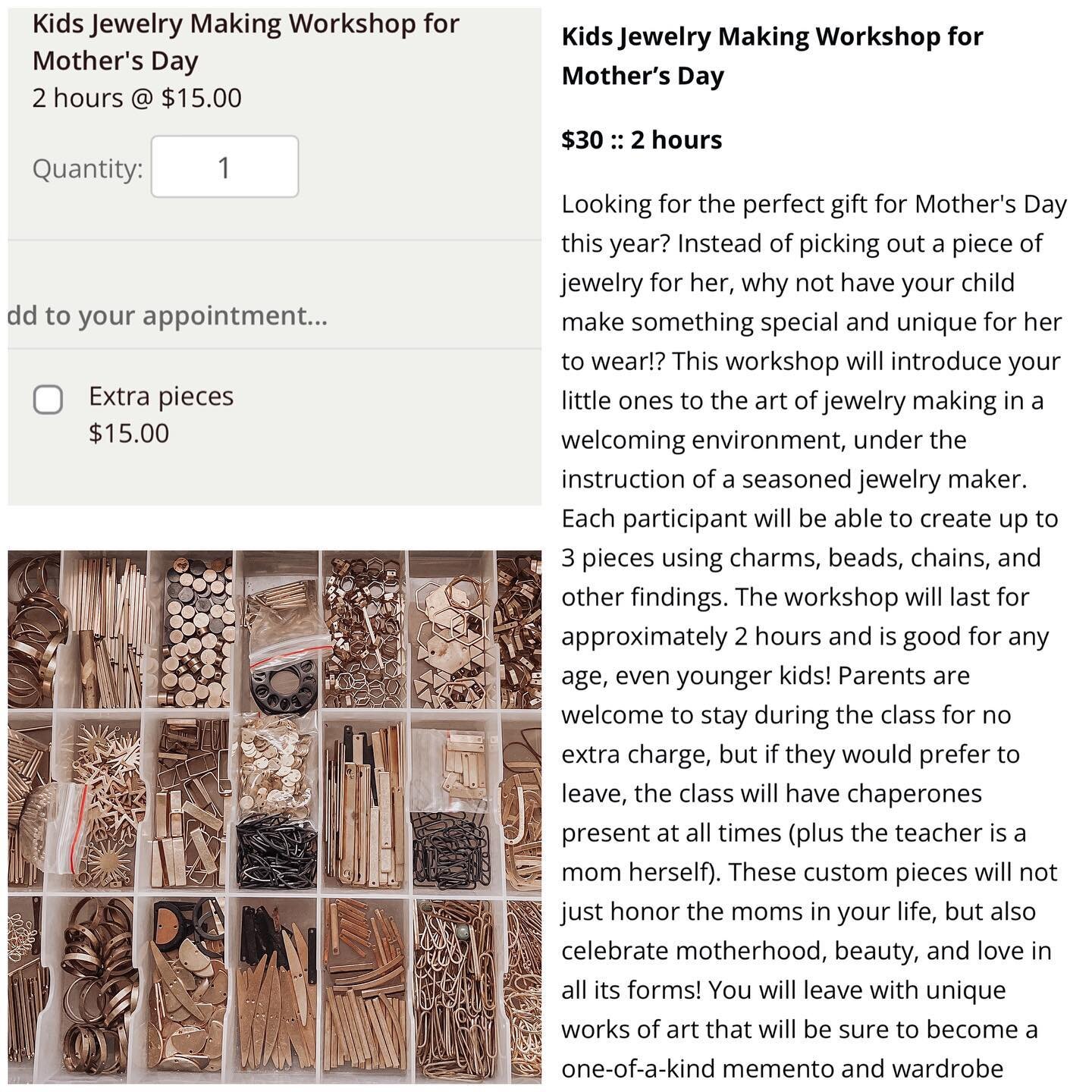 Join us for todays first kids jewelry making workshop! Perfect for Mother&rsquo;s Day gift or to just get that creativity flowing! Walk-ins welcome from 12-2 or visit our website to register for another date.
$15 to make two pieces (pair of earrings 