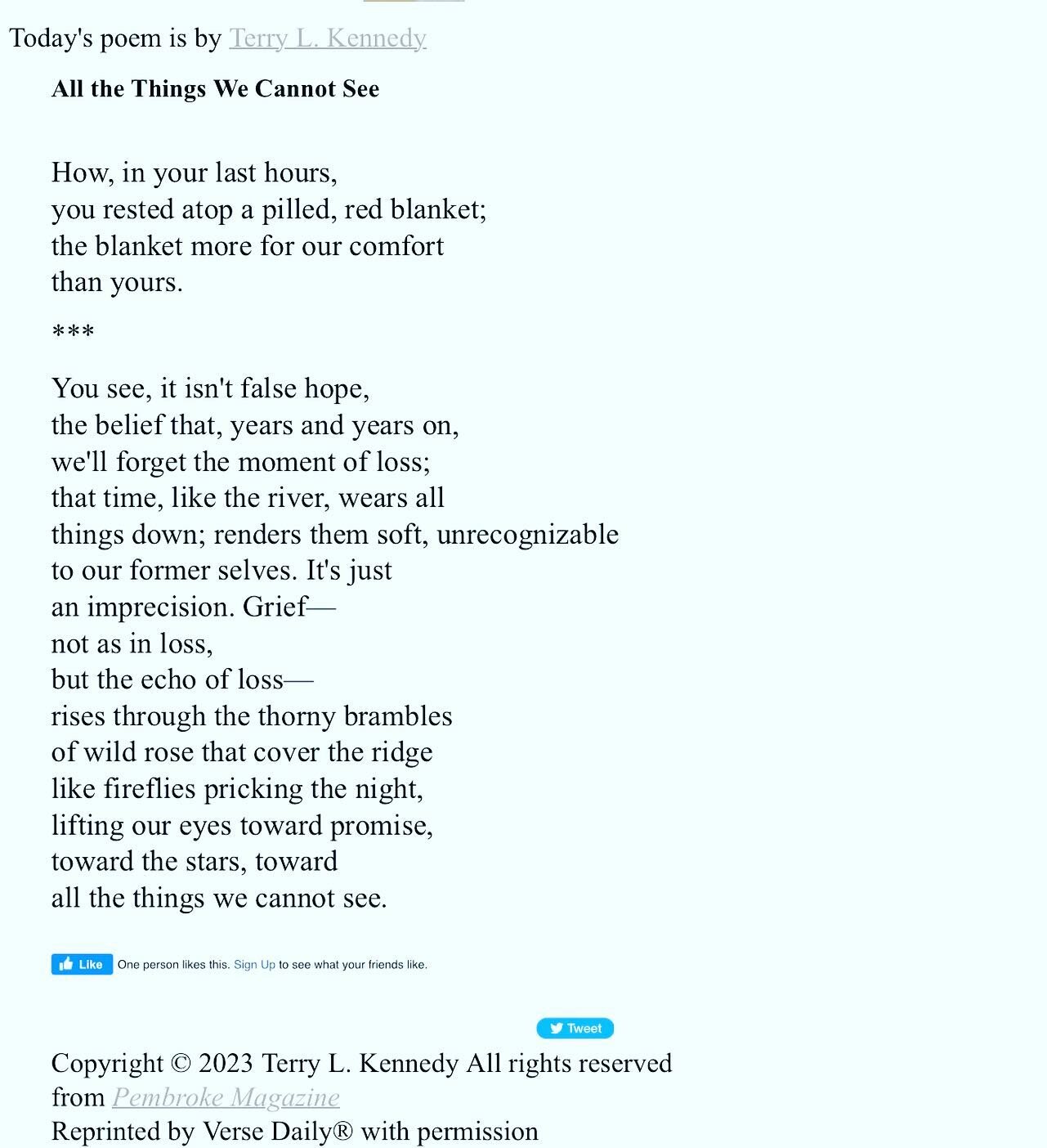 Thanks to Verse Daily (versedaily.org) for republishing Terry L. Kennedy&rsquo;s poem &ldquo;All the Things We Cannot See&rdquo; from our most recent issue! @terrylkennedy