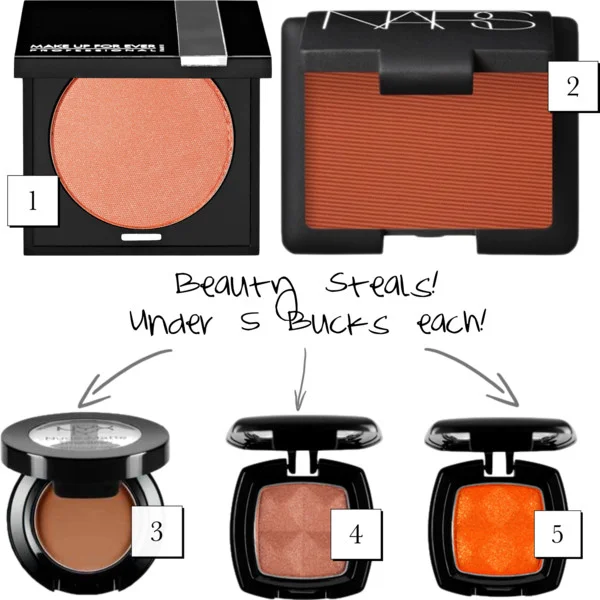 1. Make Up For Ever Eyeshadow in Pearly Orange 2. NARS Eyeshadow in Persia 3. NYX Nude Matte Eyeshadow in Dance the Tides 4. NYX eyeshadow in Copper 5. NYX eyeshadow in Hot Orange
