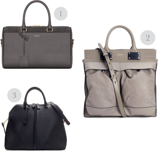 1. Saint Laurent Classic Duffle 6 in Earth 2. Rag & Bone Large Pilot in Fawn 3. Zara City Bag in Black
