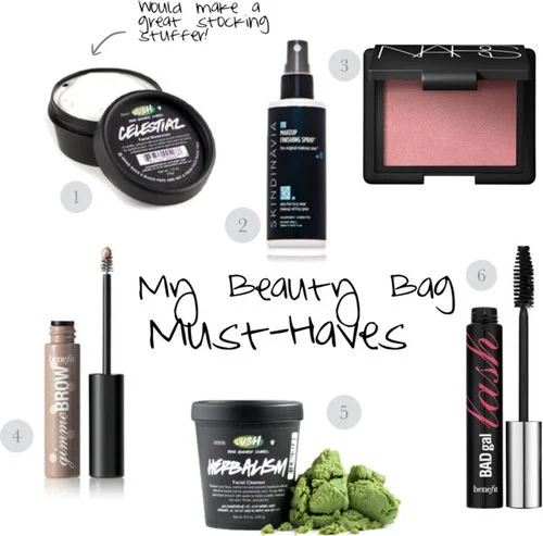 1. Celestial Moisturizer , LUSH cosmetics, $24.95 2. Makeup Finishing Spray , Skindinavia, $29 3. Blush in "Deep Throat," NARS, $29 4. Gimme Brow , Benefit Cosmetics, $22 5. Herbalism cleanser , LUSH cosmetics, $13.95 6. BAD gal Lash mascara , Benefit cosmetics, $19