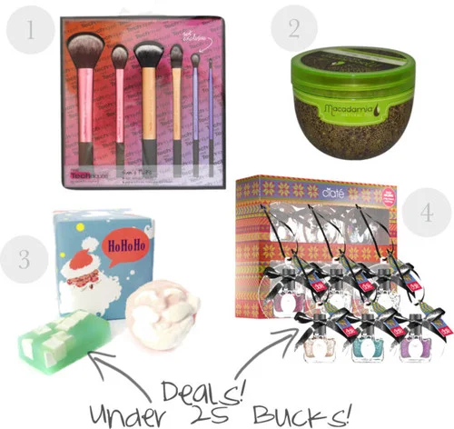 1. Real Techniques Sam's Picks Brush Set , $30 2. Macadamia Oil Deep Repair Mask , $16 3. LUSH "Ho Ho Ho" Bath Set , $14.95 4. Ciate Tree Trinkets Polish , $21